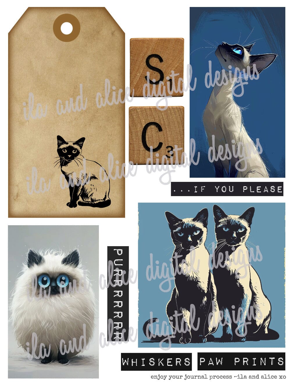 Digital Siamese Cat Junk Journal Ephemera Journal ila & alice 