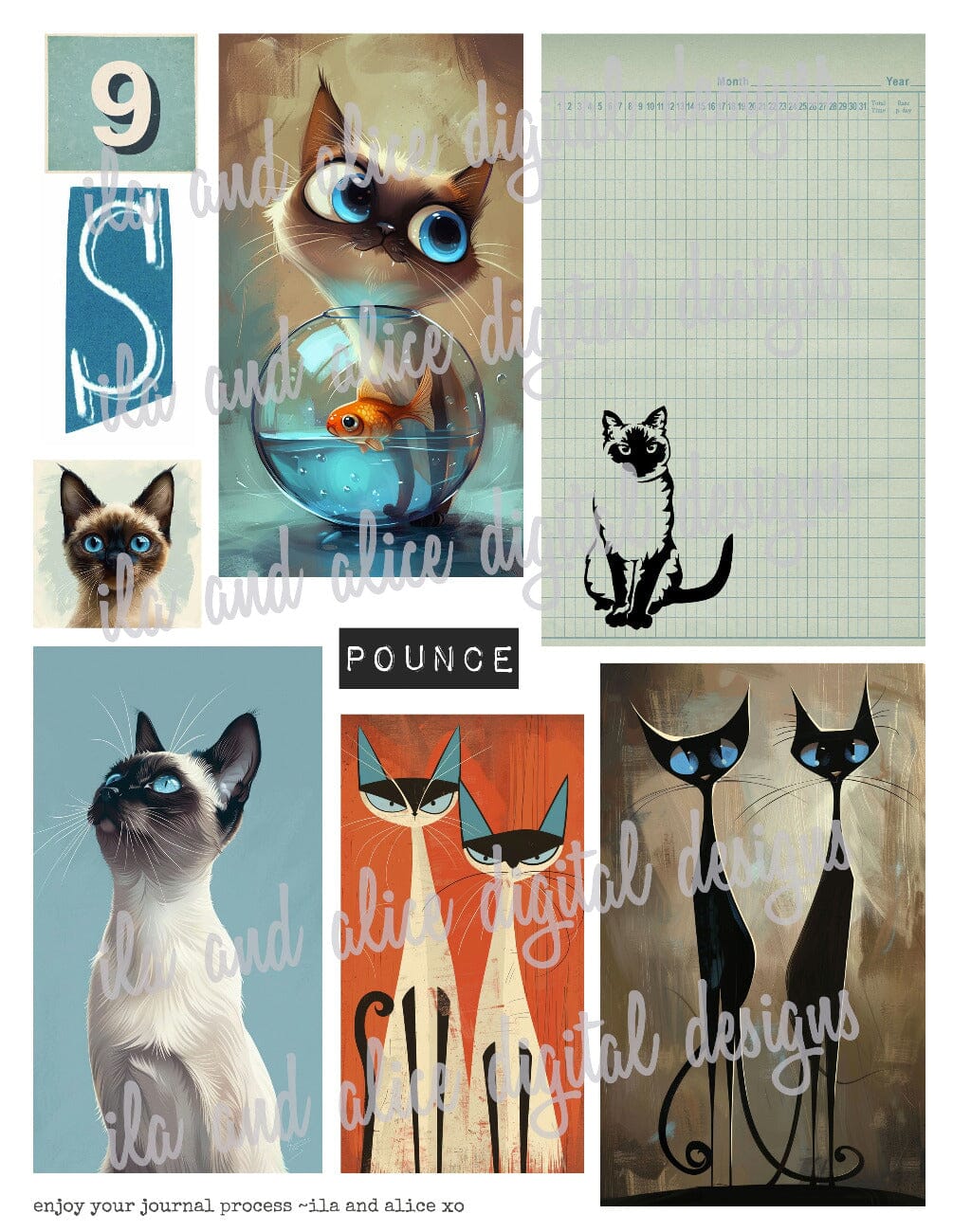 Digital Siamese Cat Junk Journal Ephemera Journal ila & alice 