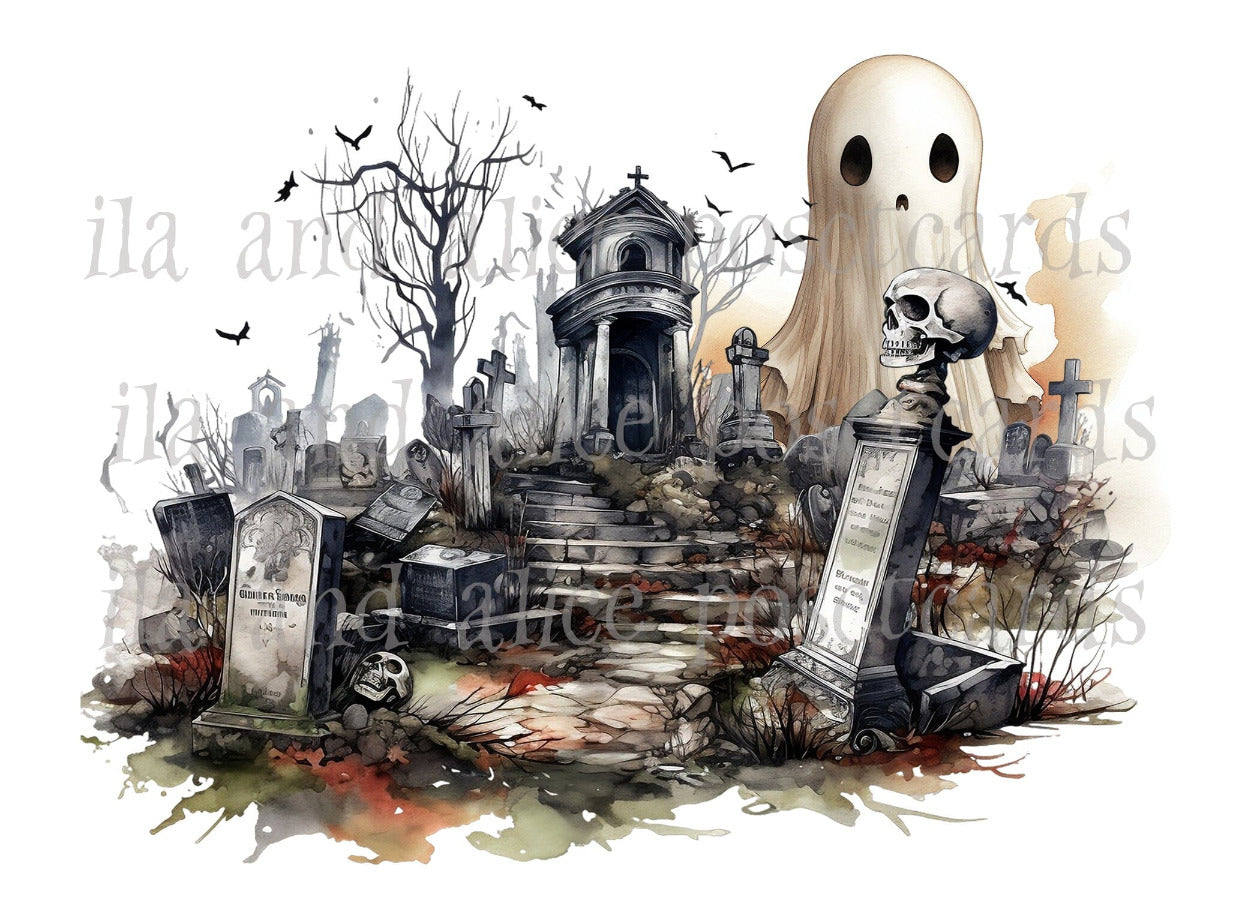 Ghosts and Goblins in the Graveyard Halloween Postcards Post Cards ila & alice