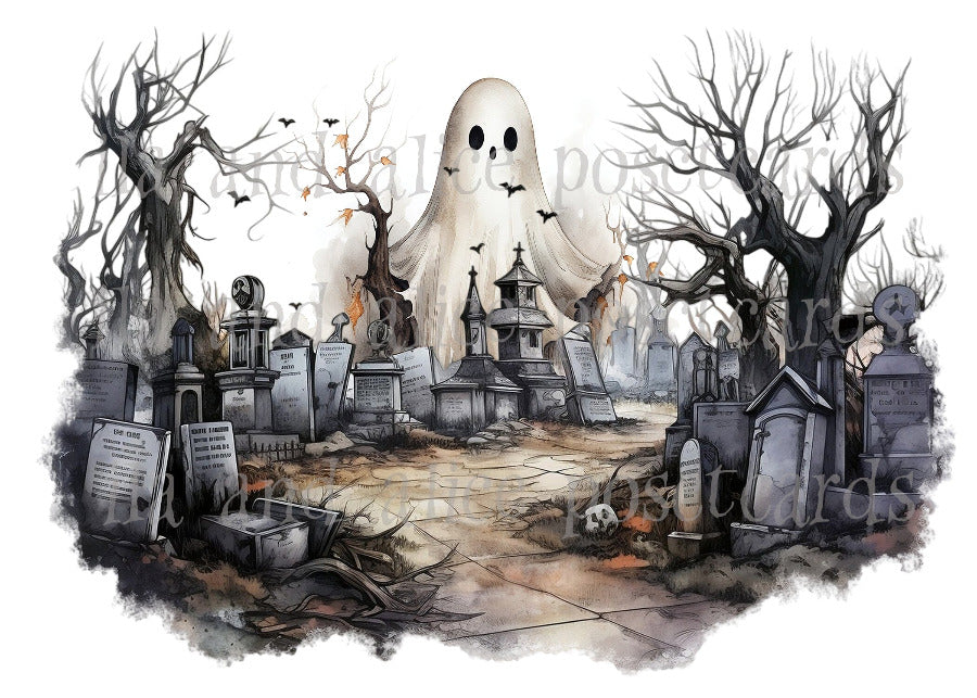 Ghosts and Goblins in the Graveyard Halloween Postcards Post Cards ila & alice