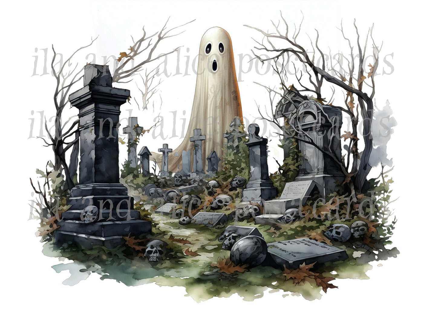 Ghosts and Goblins in the Graveyard Halloween Postcards Post Cards ila & alice