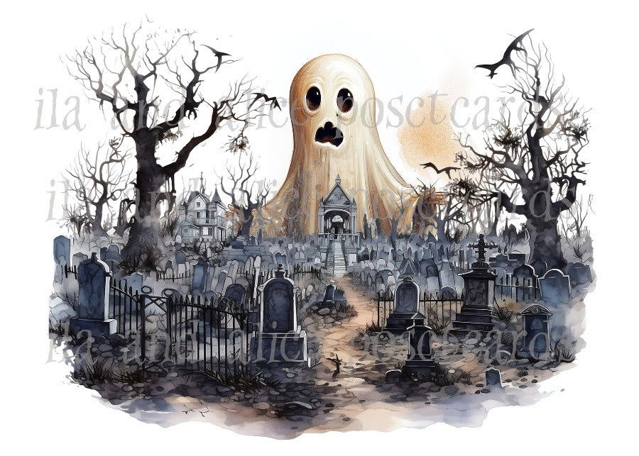 Ghosts and Goblins in the Graveyard Halloween Postcards Post Cards ila & alice
