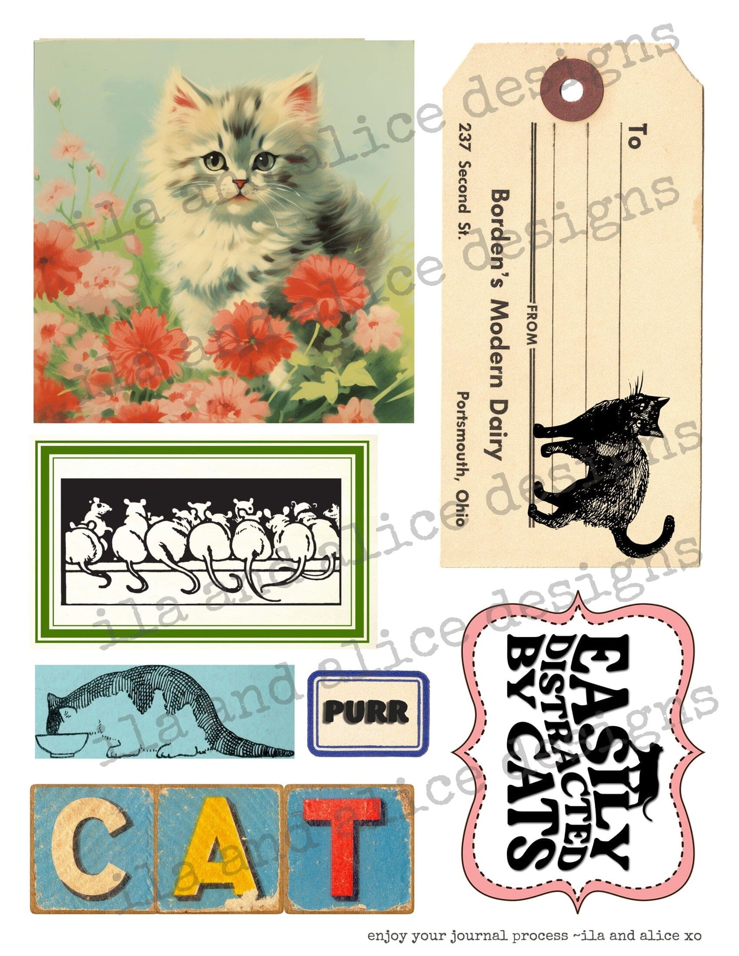 Digital Cat Junk Journal Ephemera Journal ila & alice