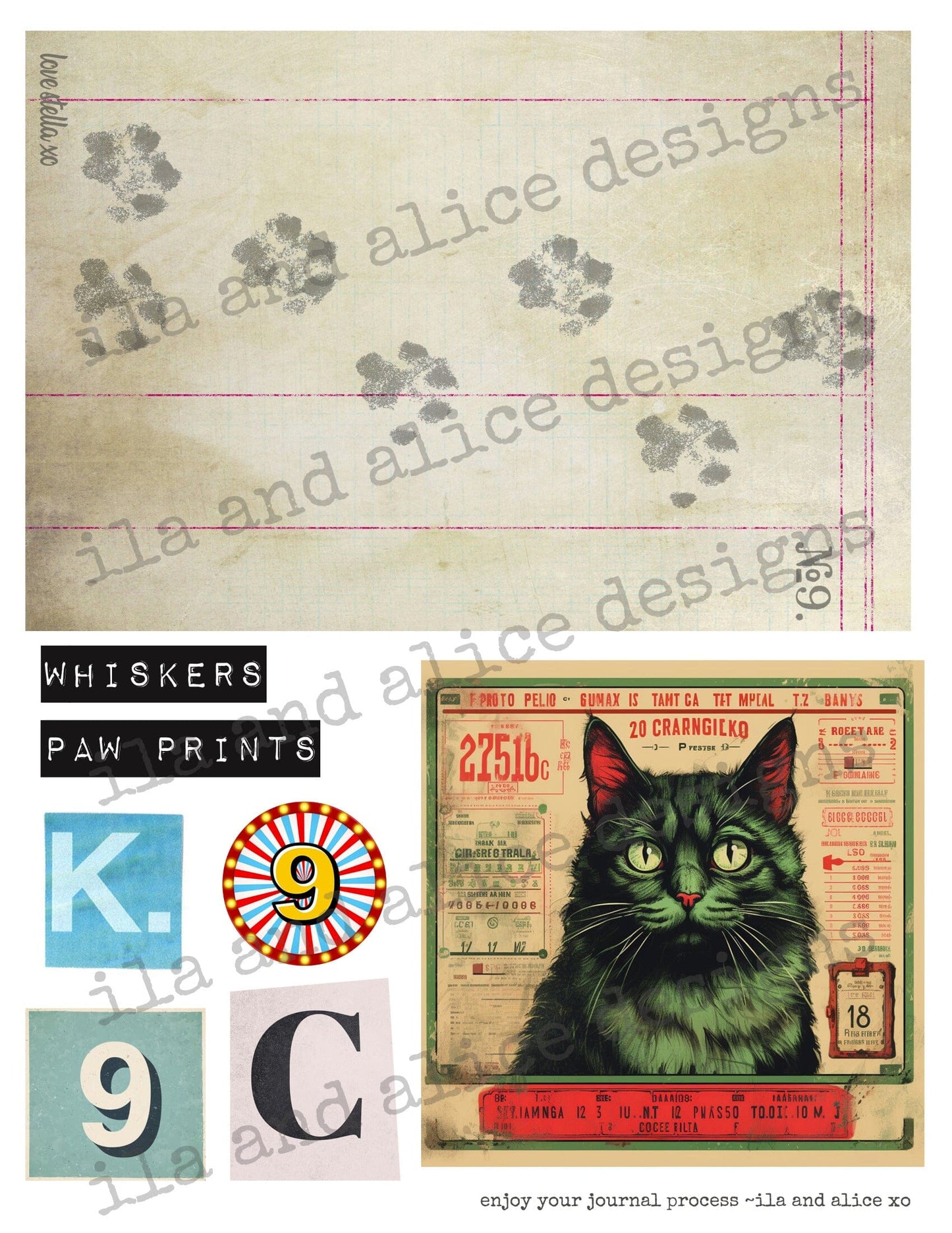 Digital Cat Junk Journal Ephemera Journal ila & alice