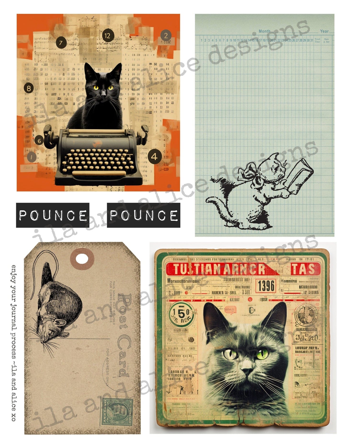 Digital Cat Junk Journal Ephemera Journal ila & alice