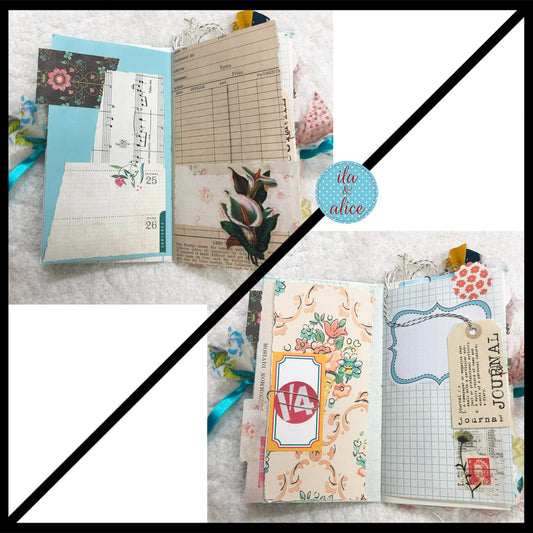 Whimsical Shabby Junk Journal- Blue w Birds Flowers and Lace Collage Journal ila & alice
