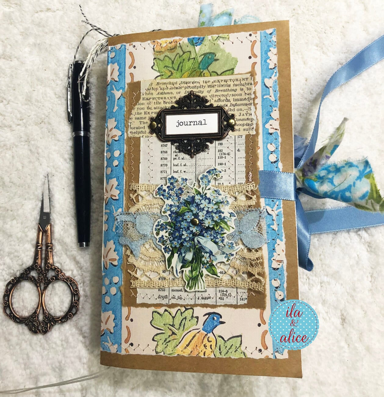 Whimsical Shabby Junk Journal- Blue Vintage Wallpaper with Blue Flowers and Lace Journal ila & alice