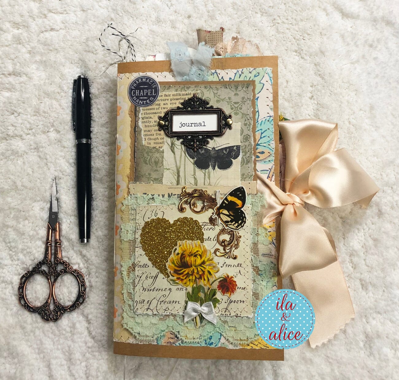 Whimsical Shabby Junk Journal- Elegant Collage with Fowers, Butterfly and Lace Journal ila & alice