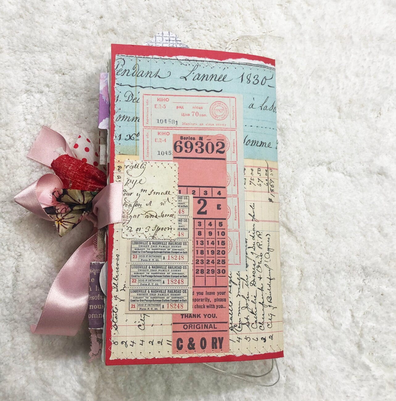 Whimsical Shabby Junk Journal- Pink and Blue with Polka Dots, Red Flowers and Lace Journal ila & alice