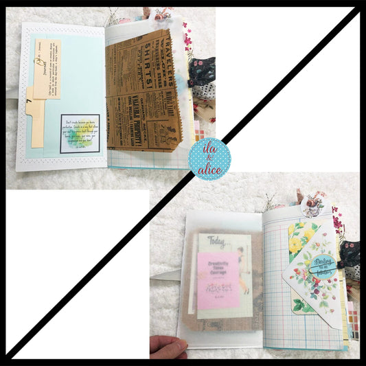 Whimsical Shabby Junk Journal- Pretty neutral tones Collage with Flowers & Lace Journal ila & alice