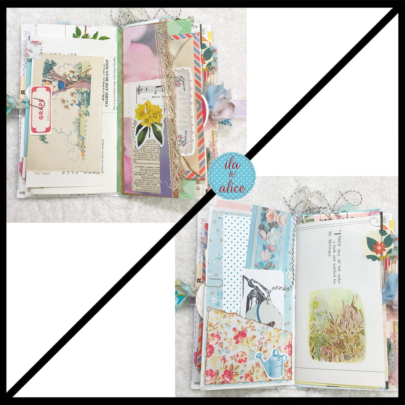 Whimsical Shabby Junk Journal- Blue Floral Mixed Media with Peacock and Lace Journal ila & alice