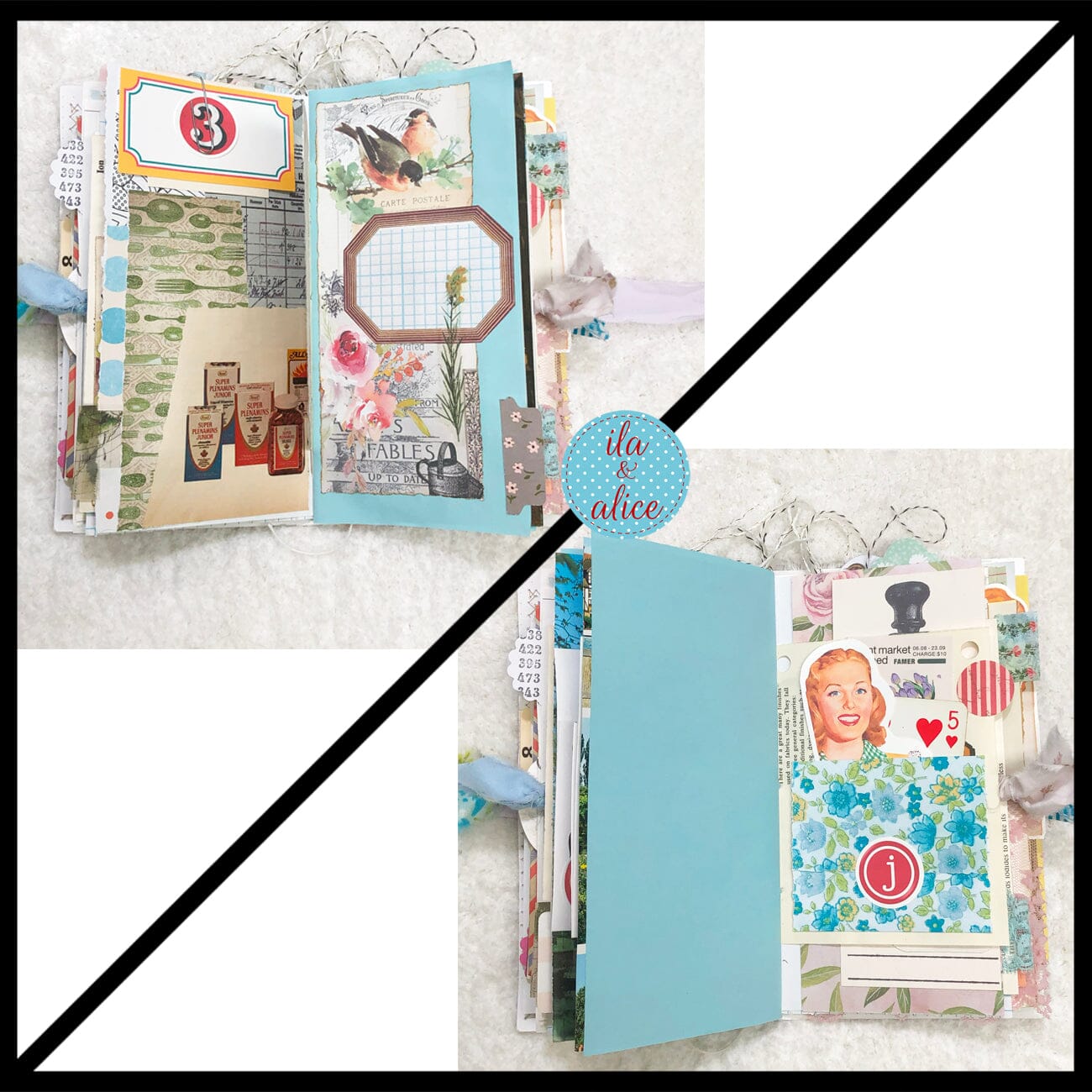 Whimsical Shabby Junk Journal- Blue Floral Mixed Media with Peacock and Lace Journal ila & alice