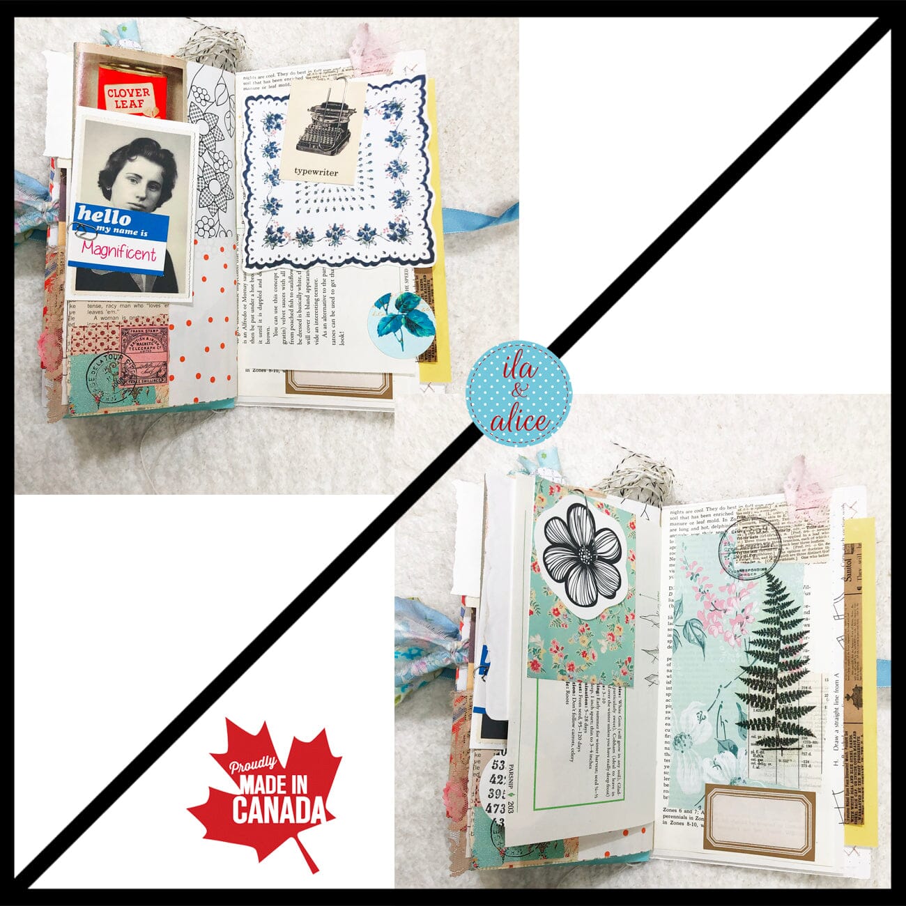 Whimsical Shabby Junk Journal- Blue Vintage Wallpaper with Blue Flowers and Lace Journal ila & alice