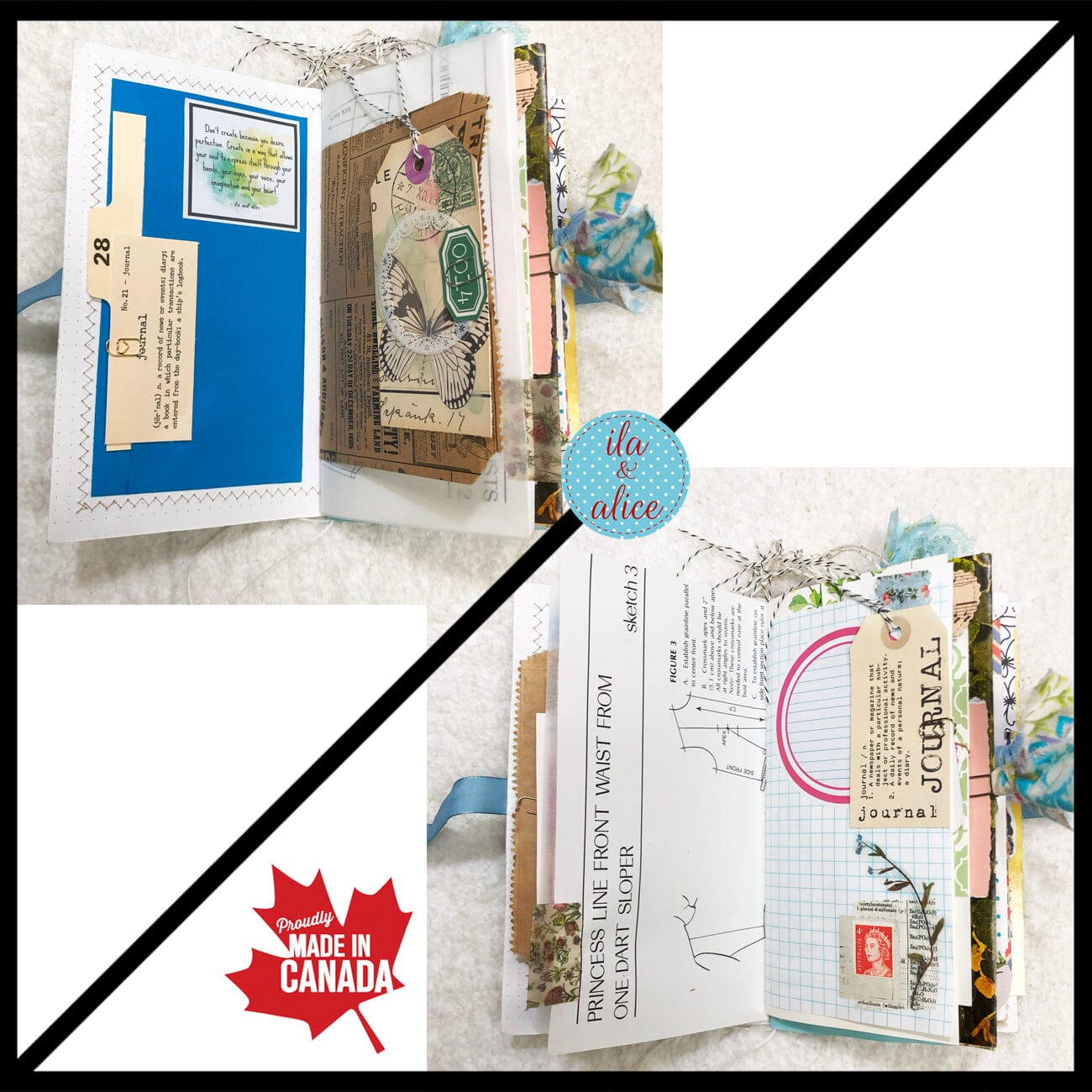 Whimsical Shabby Junk Journal- Blue Vintage Wallpaper with Blue Flowers and Lace Journal ila & alice