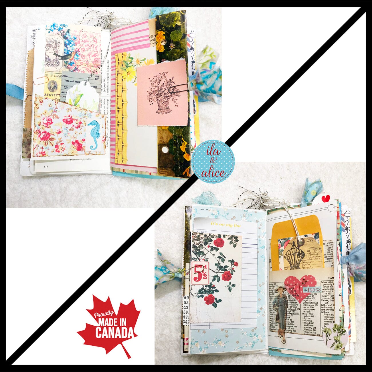 Whimsical Shabby Junk Journal- Blue Vintage Wallpaper with Blue Flowers and Lace Journal ila & alice