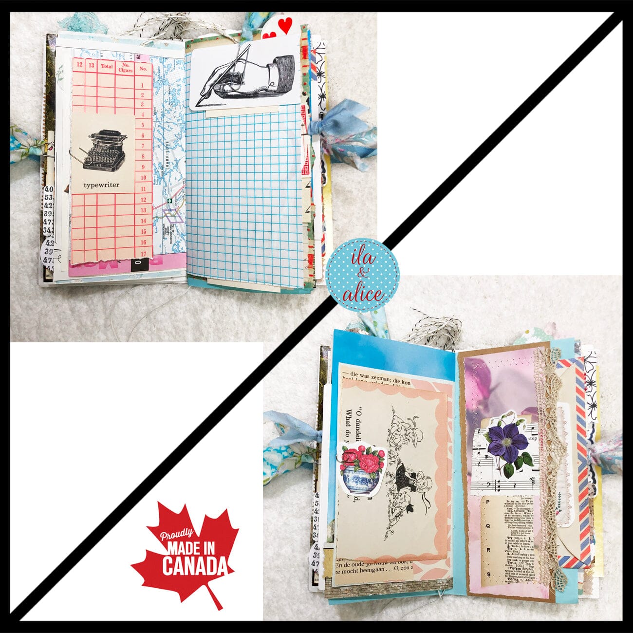Whimsical Shabby Junk Journal- Blue Vintage Wallpaper with Blue Flowers and Lace Journal ila & alice
