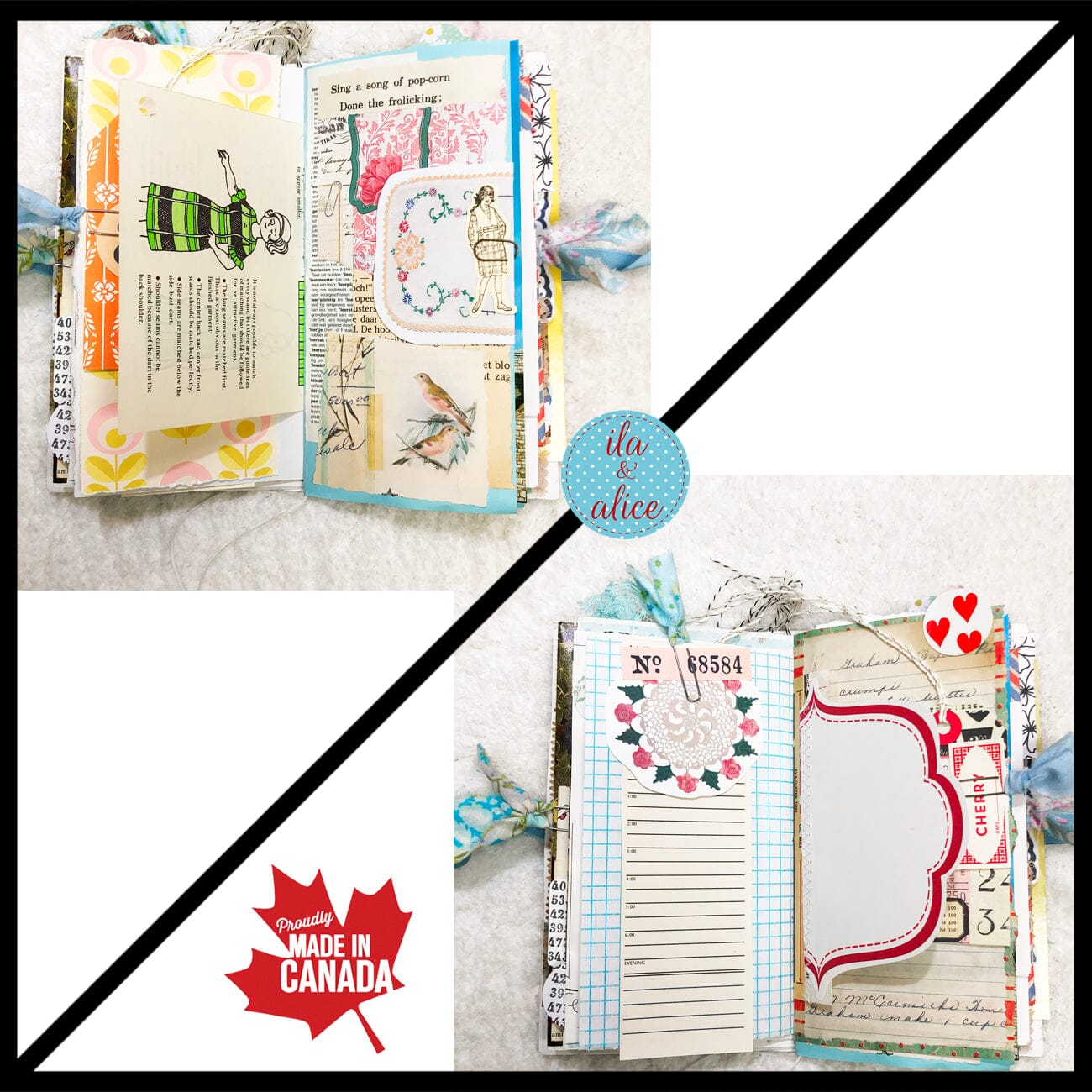 Whimsical Shabby Junk Journal- Blue Vintage Wallpaper with Blue Flowers and Lace Journal ila & alice