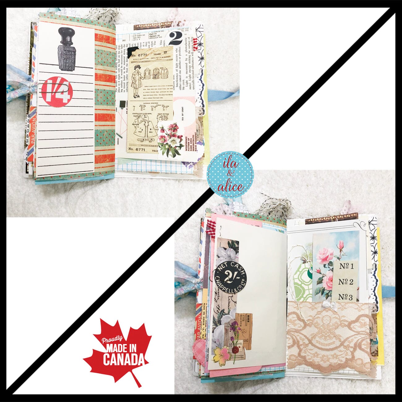 Whimsical Shabby Junk Journal- Blue Vintage Wallpaper with Blue Flowers and Lace Journal ila & alice
