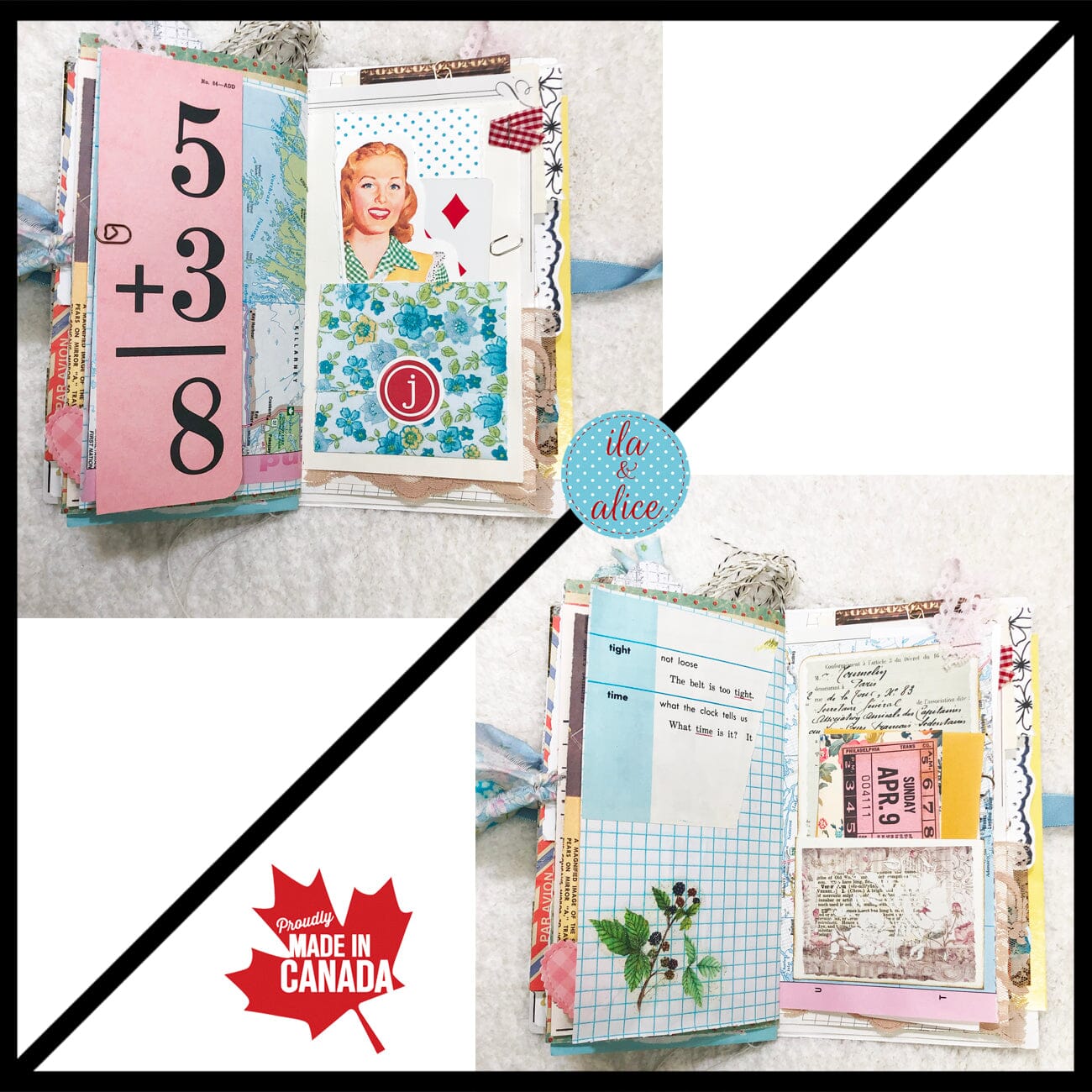 Whimsical Shabby Junk Journal- Blue Vintage Wallpaper with Blue Flowers and Lace Journal ila & alice