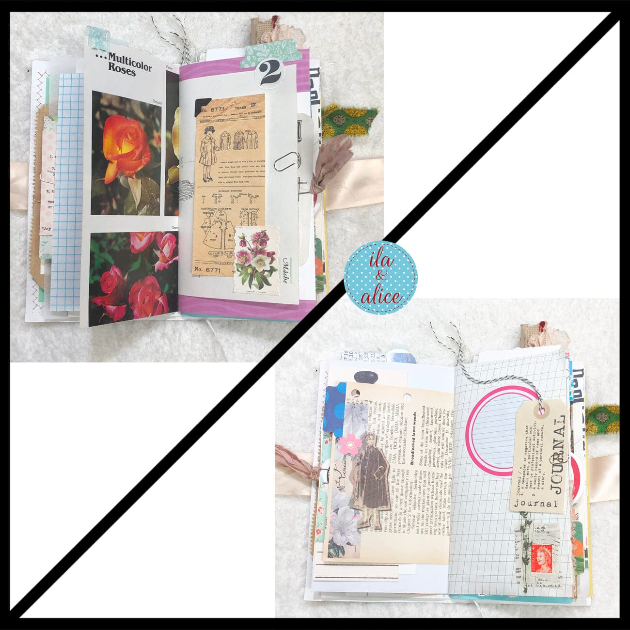 Whimsical Shabby Junk Journal- Elegant Collage with Fowers, Butterfly and Lace Journal ila & alice