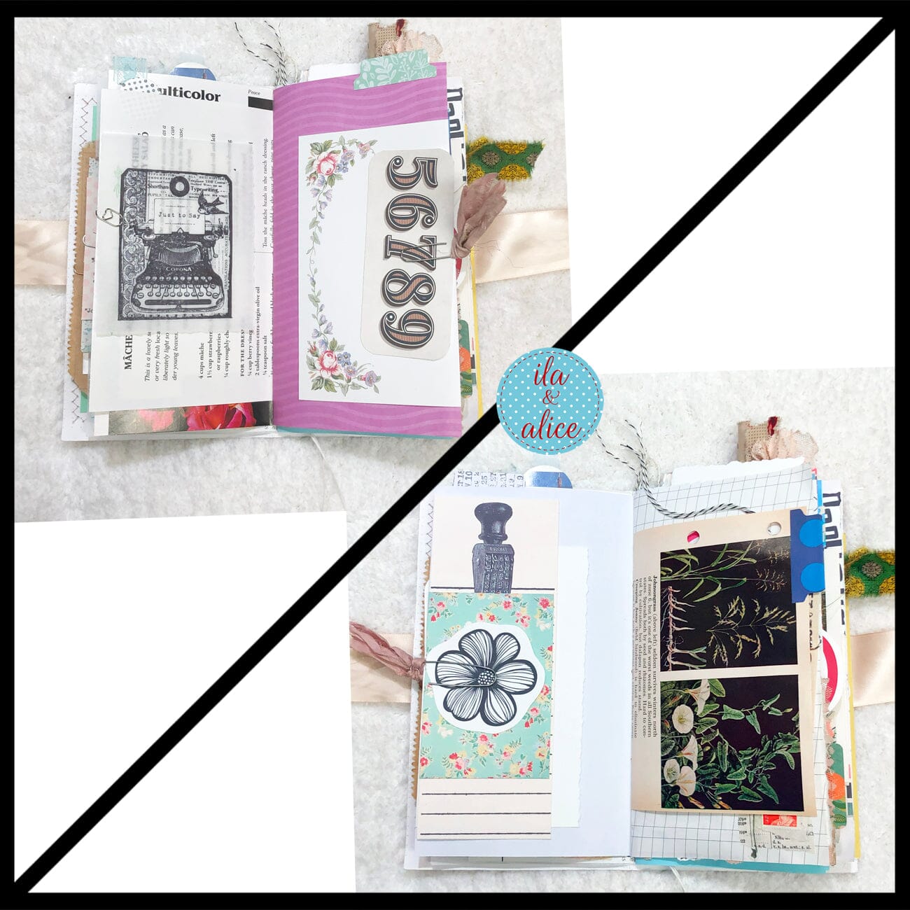 Whimsical Shabby Junk Journal- Elegant Collage with Fowers, Butterfly and Lace Journal ila & alice