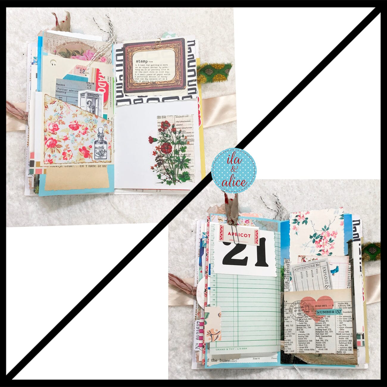 Whimsical Shabby Junk Journal- Elegant Collage with Fowers, Butterfly and Lace Journal ila & alice