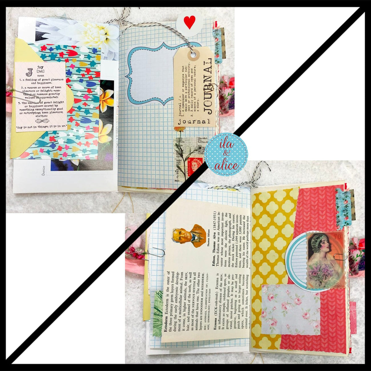Whimsical Shabby Junk Journal- Pink and Blue Mixed Media w Polka Dots Blue Birds & Daisies Journal ila & alice