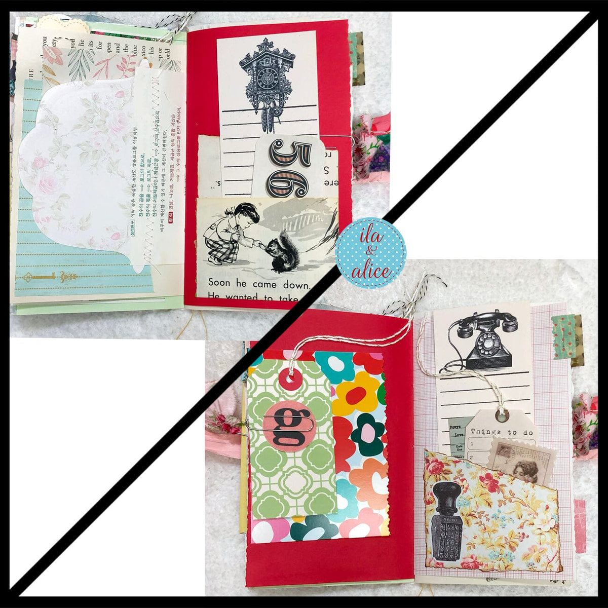 Whimsical Shabby Junk Journal- Pink and Blue Mixed Media w Polka Dots Blue Birds & Daisies Journal ila & alice
