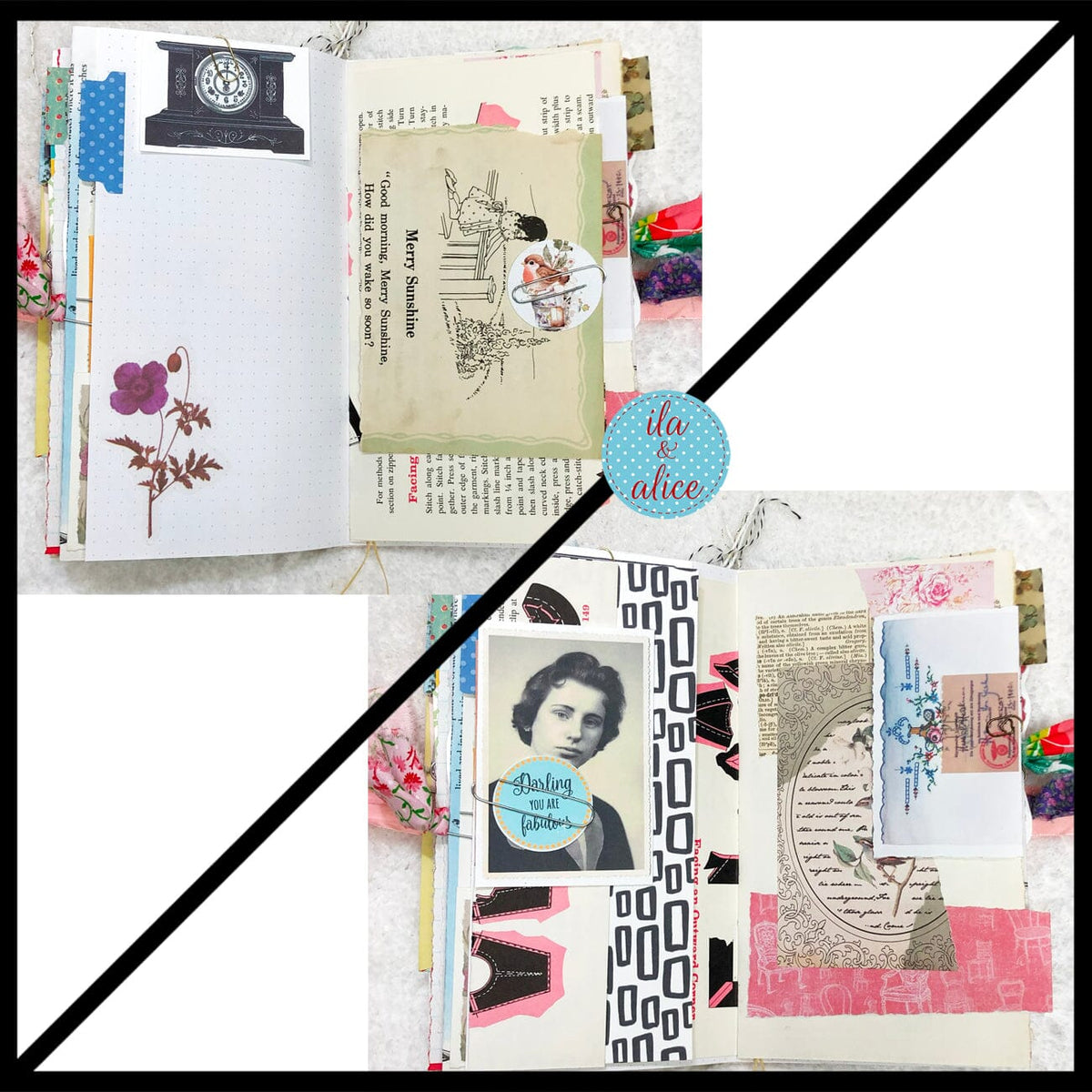 Whimsical Shabby Junk Journal- Pink and Blue Mixed Media w Polka Dots Blue Birds & Daisies Journal ila & alice