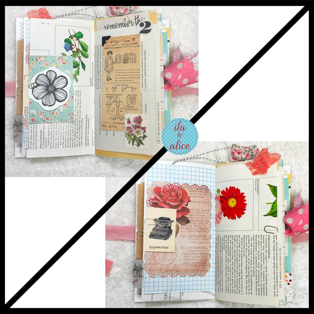 Whimsical Shabby Junk Journal- Pink and Blue Floral with White Eyelet Lace & Pink Roses Journal ila & alice