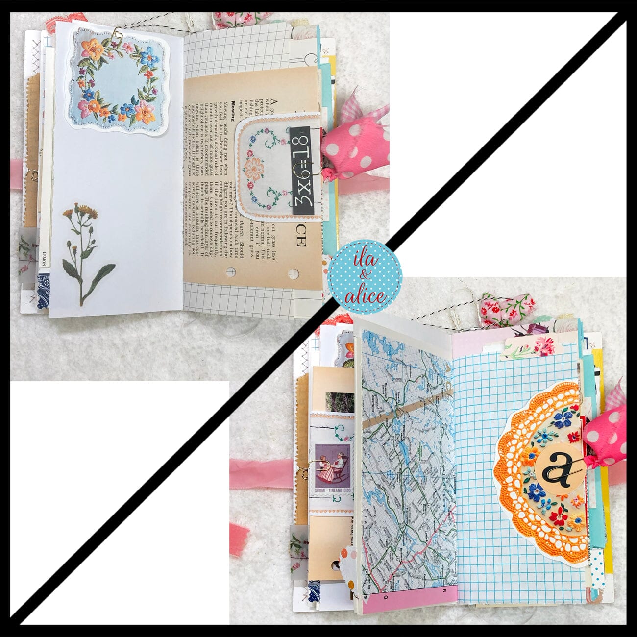 Whimsical Shabby Junk Journal- Pink and Blue Floral with White Eyelet Lace & Pink Roses Journal ila & alice
