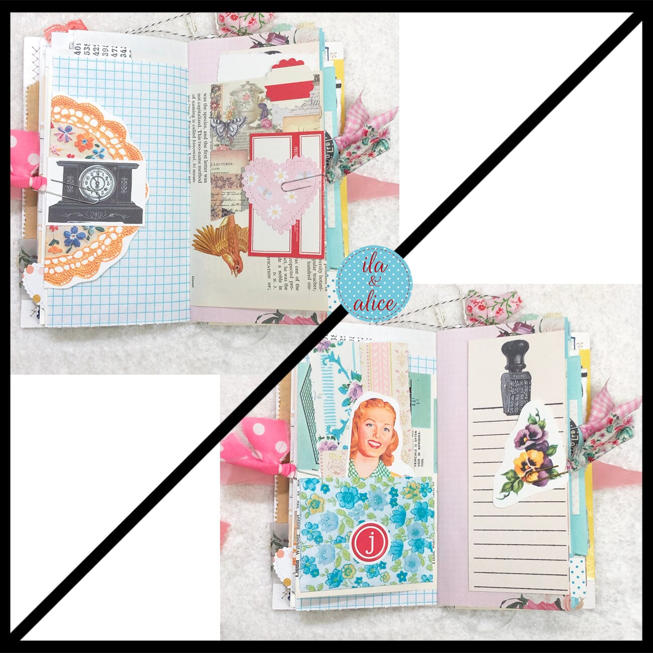Whimsical Shabby Junk Journal- Pink and Blue Floral with White Eyelet Lace & Pink Roses Journal ila & alice