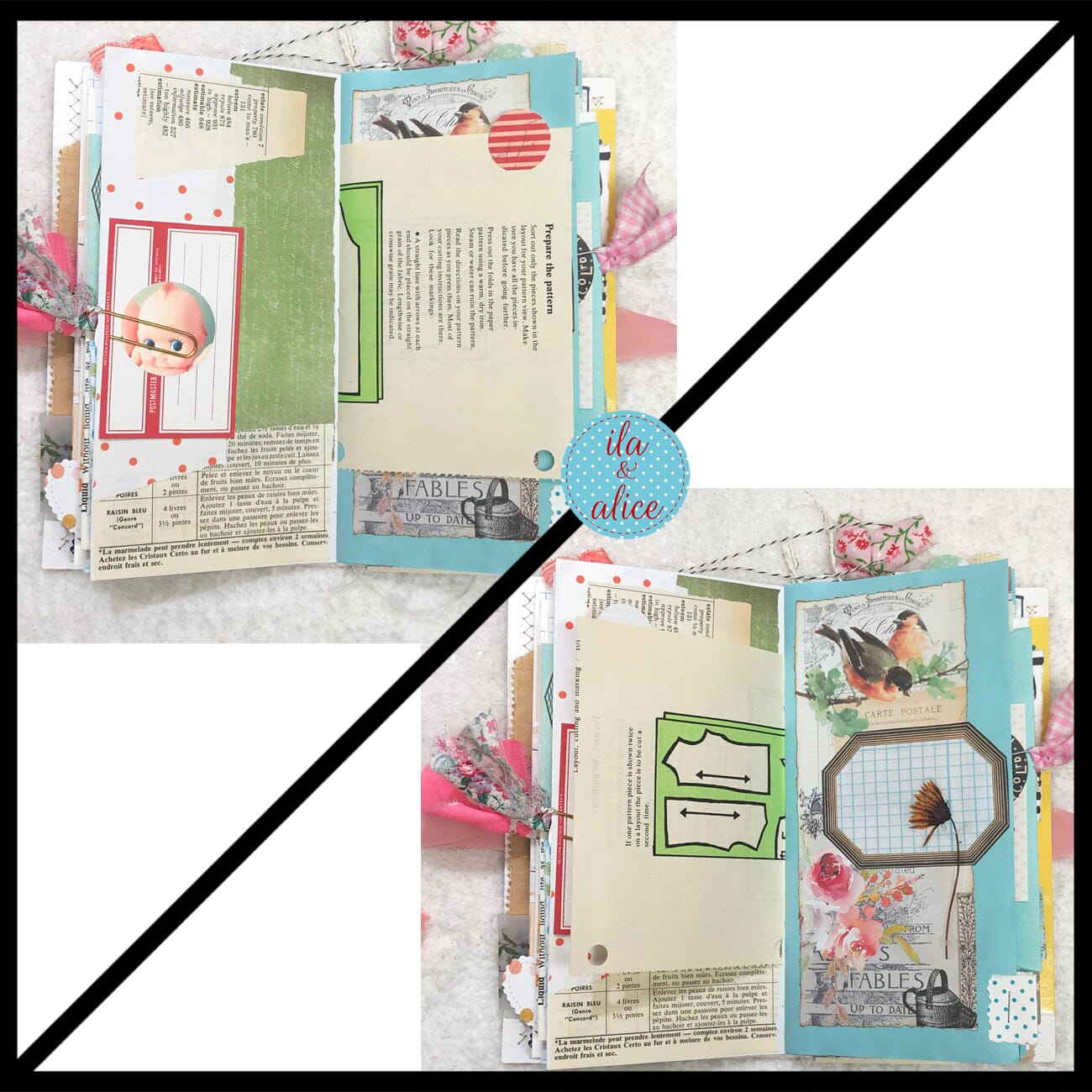Whimsical Shabby Junk Journal- Pink and Blue Floral with White Eyelet Lace & Pink Roses Journal ila & alice