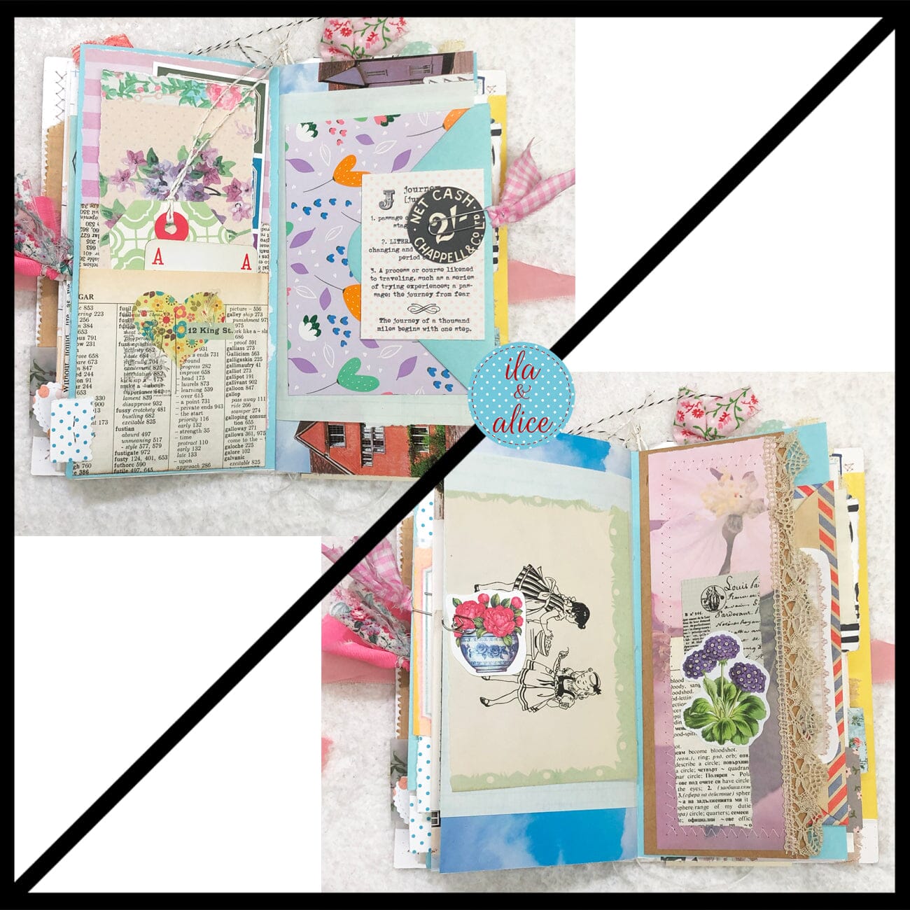 Whimsical Shabby Junk Journal- Pink and Blue Floral with White Eyelet Lace & Pink Roses Journal ila & alice
