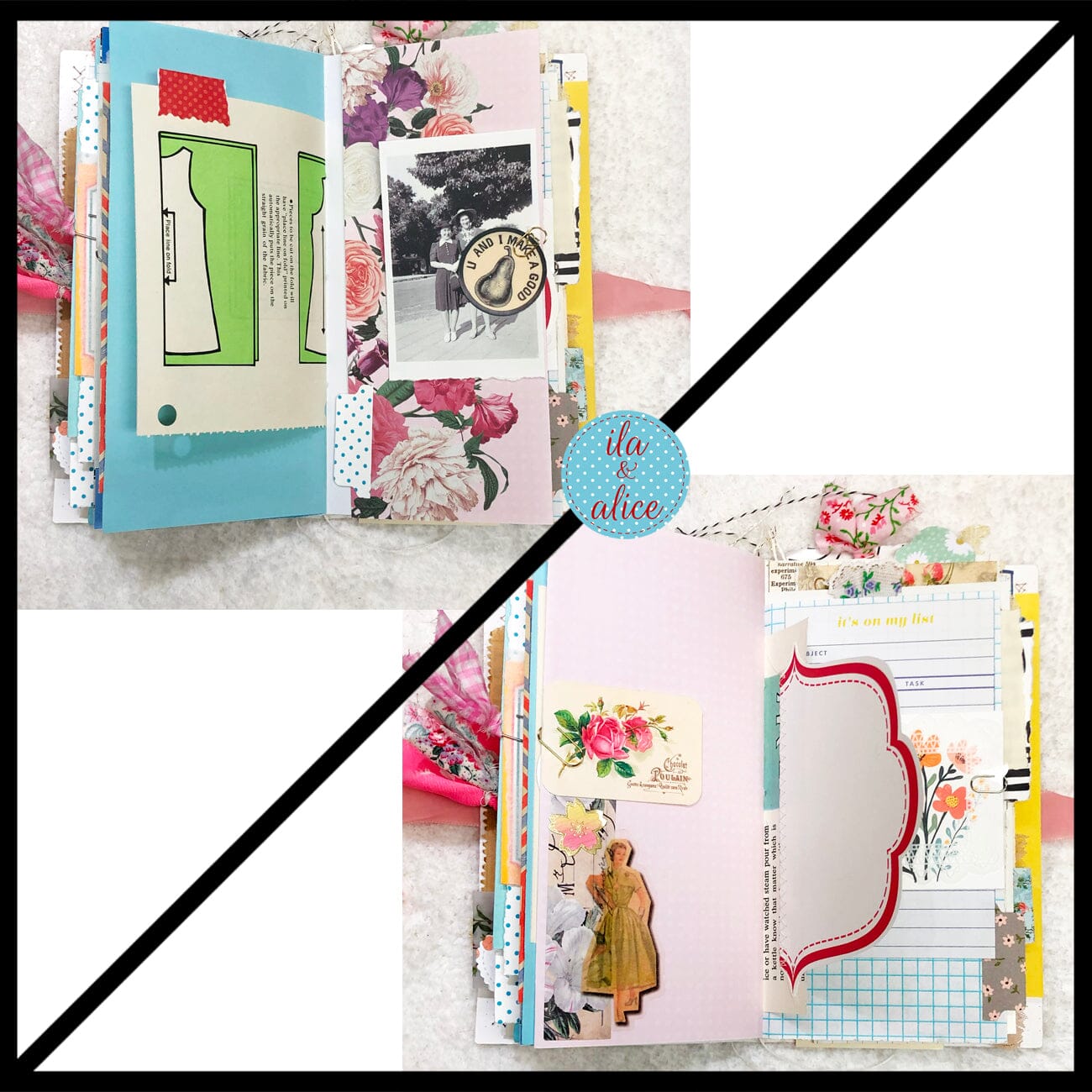 Whimsical Shabby Junk Journal- Pink and Blue Floral with White Eyelet Lace & Pink Roses Journal ila & alice