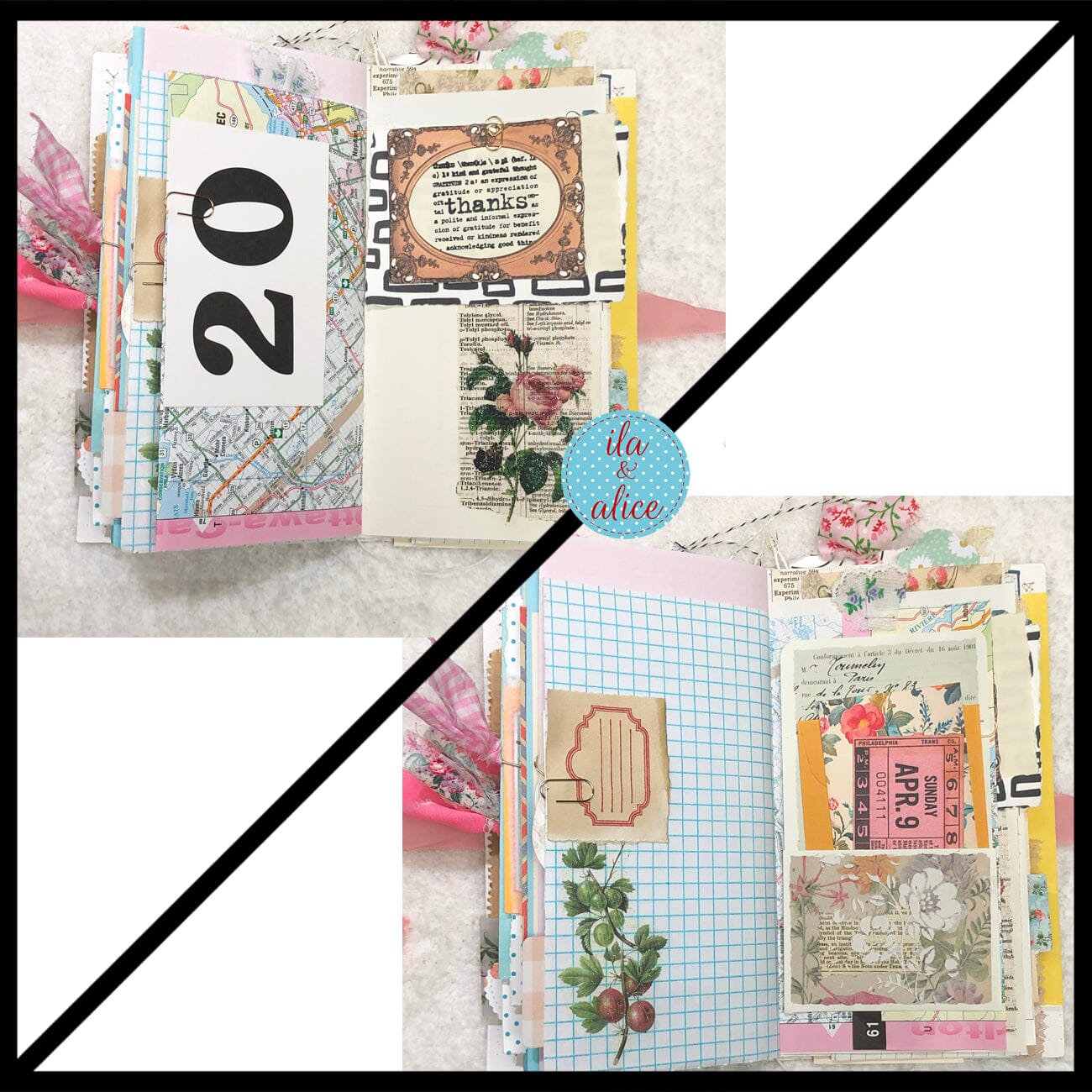 Whimsical Shabby Junk Journal- Pink and Blue Floral with White Eyelet Lace & Pink Roses Journal ila & alice