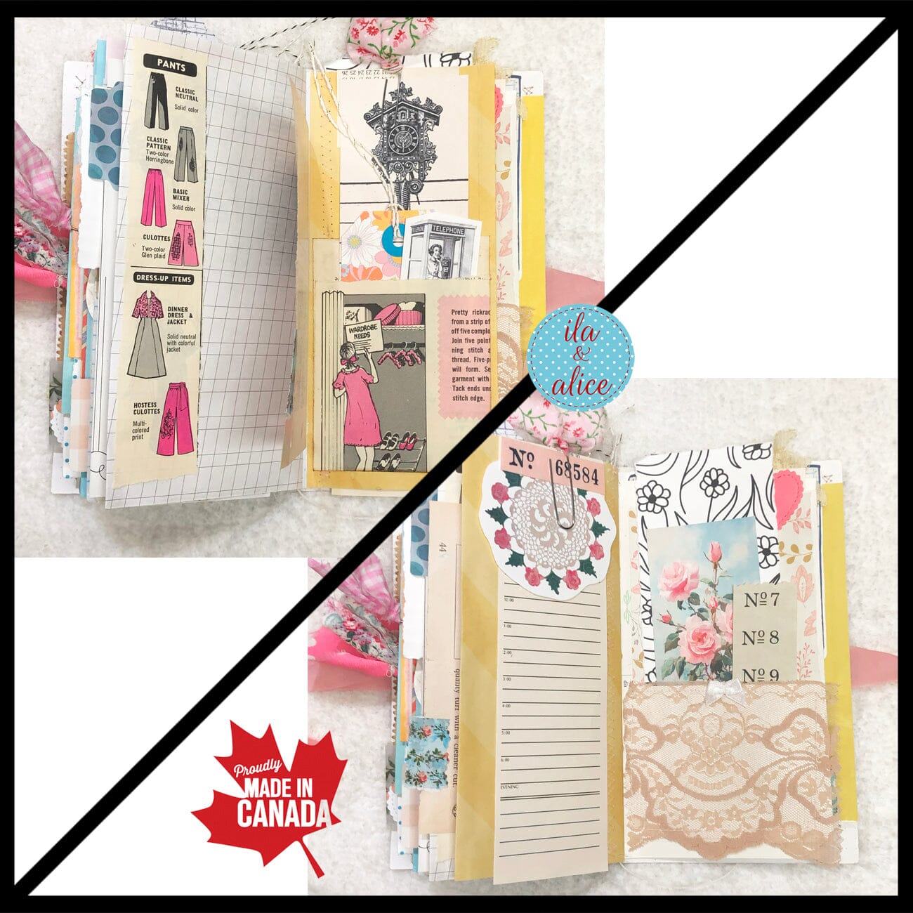 Whimsical Shabby Junk Journal- Pink and Blue Floral with White Eyelet Lace & Pink Roses Journal ila & alice