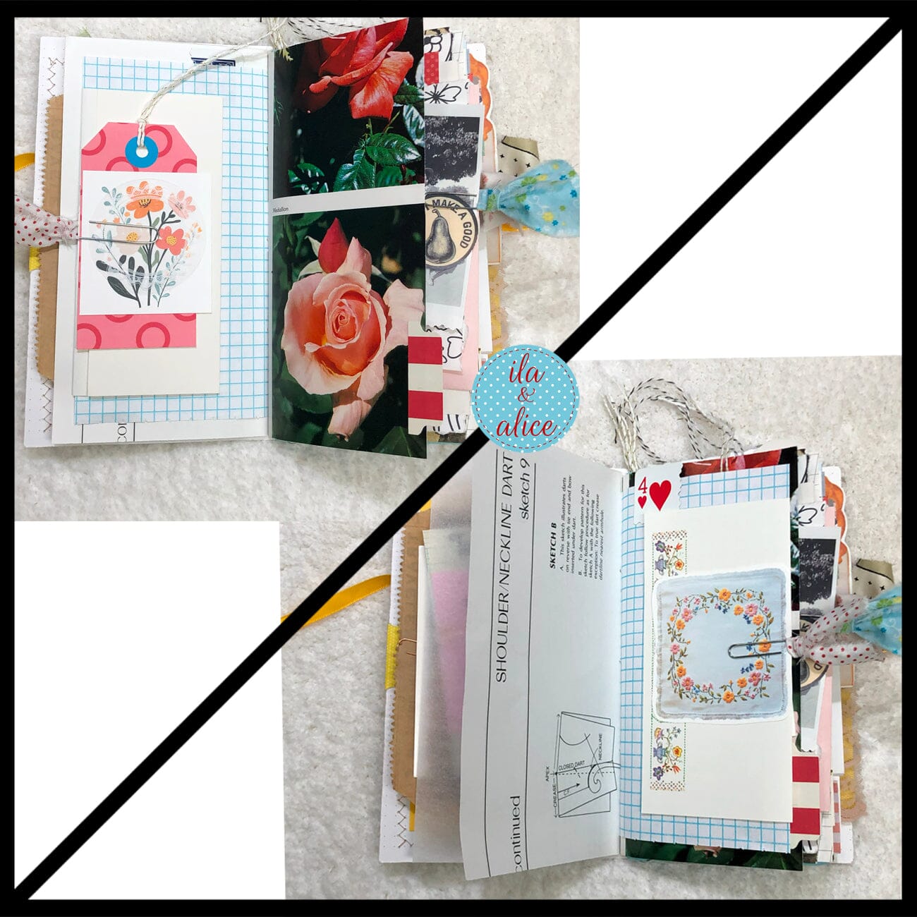Whimsical Shabby Junk Journal- Pretty Yellow Roses Mixed Media with Lace and Ribbon Journal ila & alice