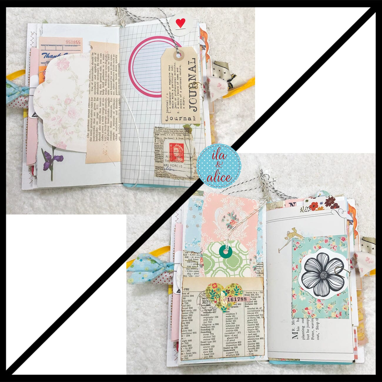Whimsical Shabby Junk Journal- Pretty Yellow Roses Mixed Media with Lace and Ribbon Journal ila & alice
