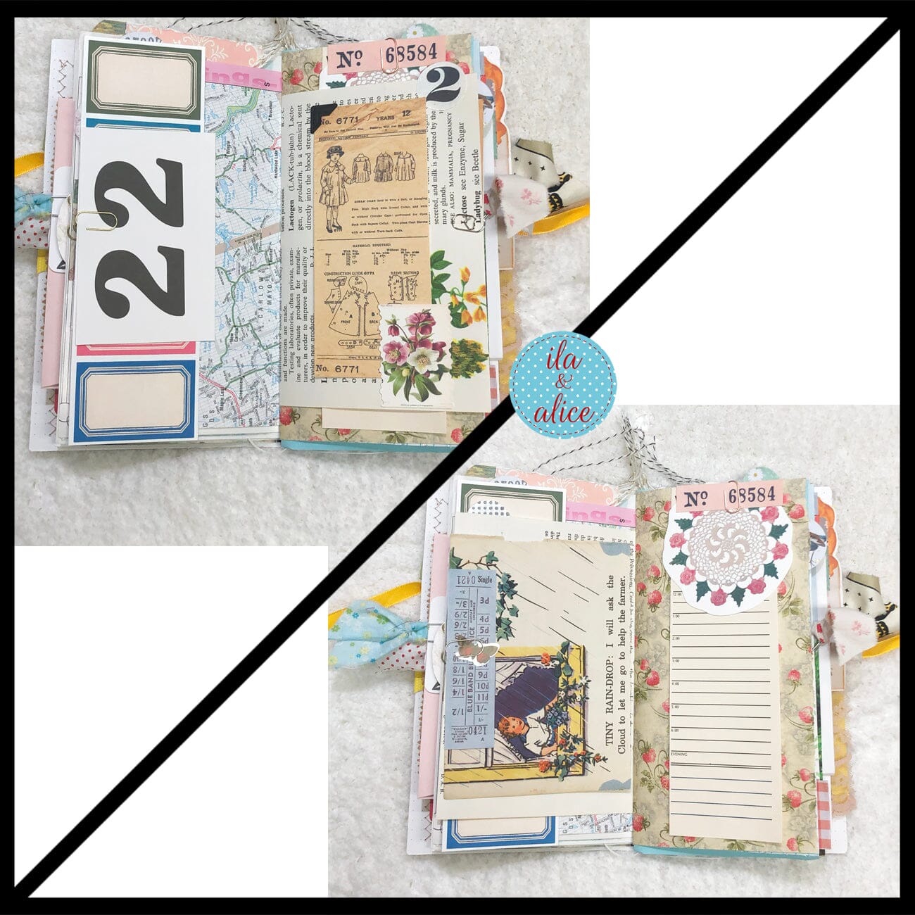 Whimsical Shabby Junk Journal- Pretty Yellow Roses Mixed Media with Lace and Ribbon Journal ila & alice