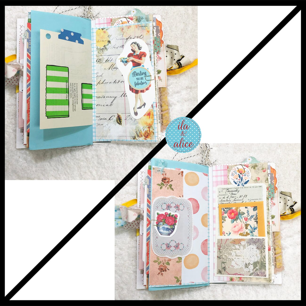 Whimsical Shabby Junk Journal- Pretty Yellow Roses Mixed Media with Lace and Ribbon Journal ila & alice