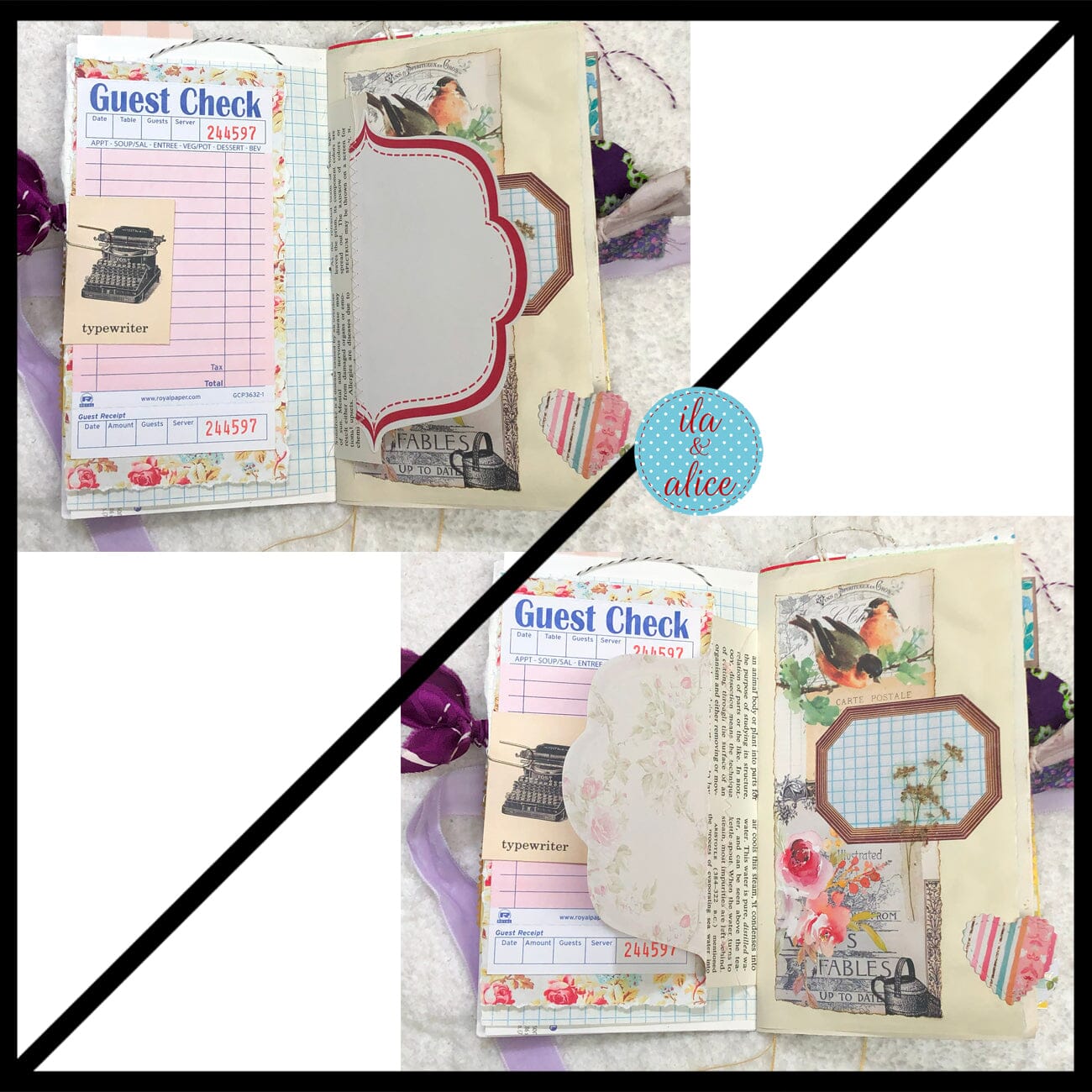 Whimsical Shabby Junk Journal- Purple and Lavender Floral Mixed Media w Lace Journal ila & alice