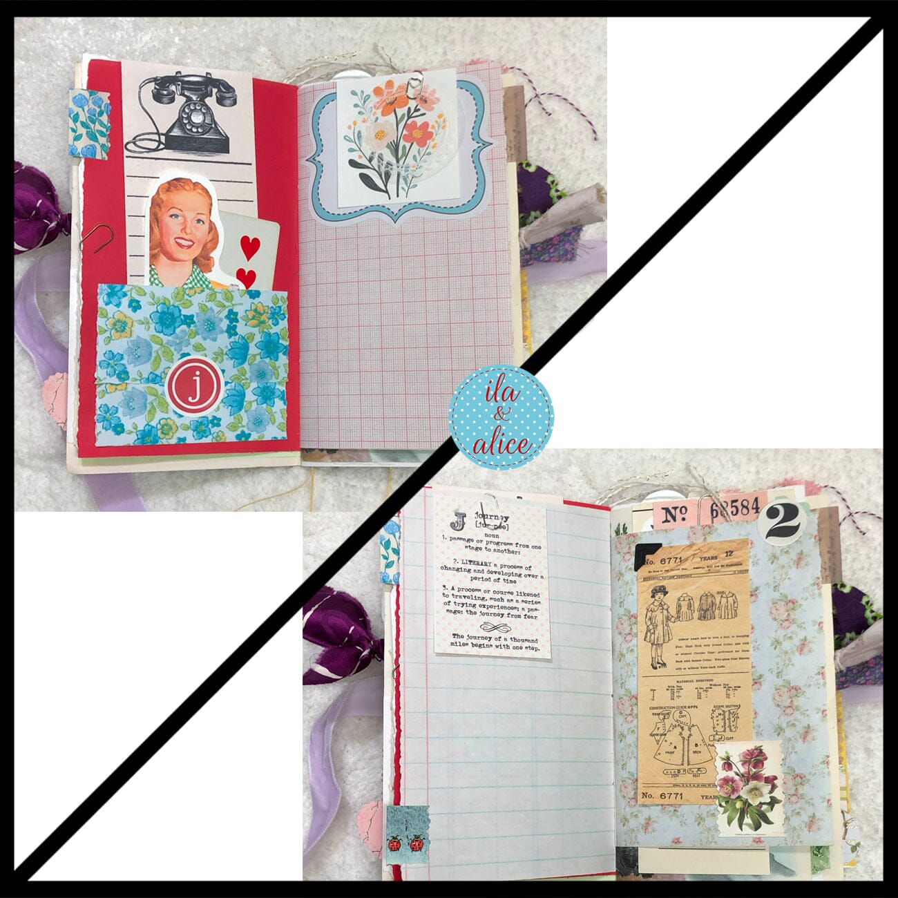 Whimsical Shabby Junk Journal- Purple and Lavender Floral Mixed Media w Lace Journal ila & alice