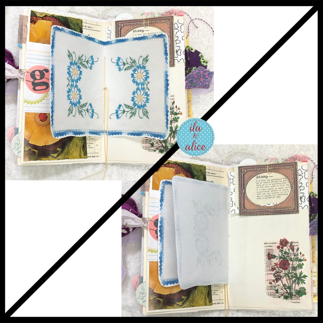 Whimsical Shabby Junk Journal- Purple and Lavender Floral Mixed Media w Lace Journal ila & alice