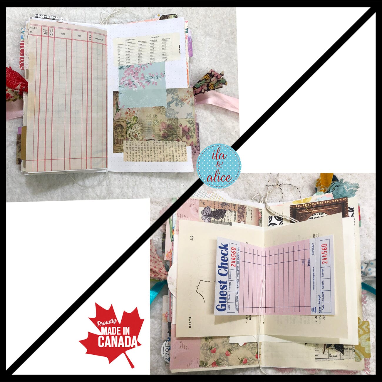 Whimsical Shabby Junk Journal- Pink and Blue with Polka Dots, Red Flowers and Lace Journal ila & alice