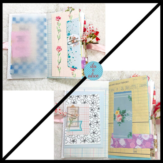 Whimsical Shabby Junk Journal- Pink and Blue with Polka Dots, Red Flowers and Lace Journal ila & alice