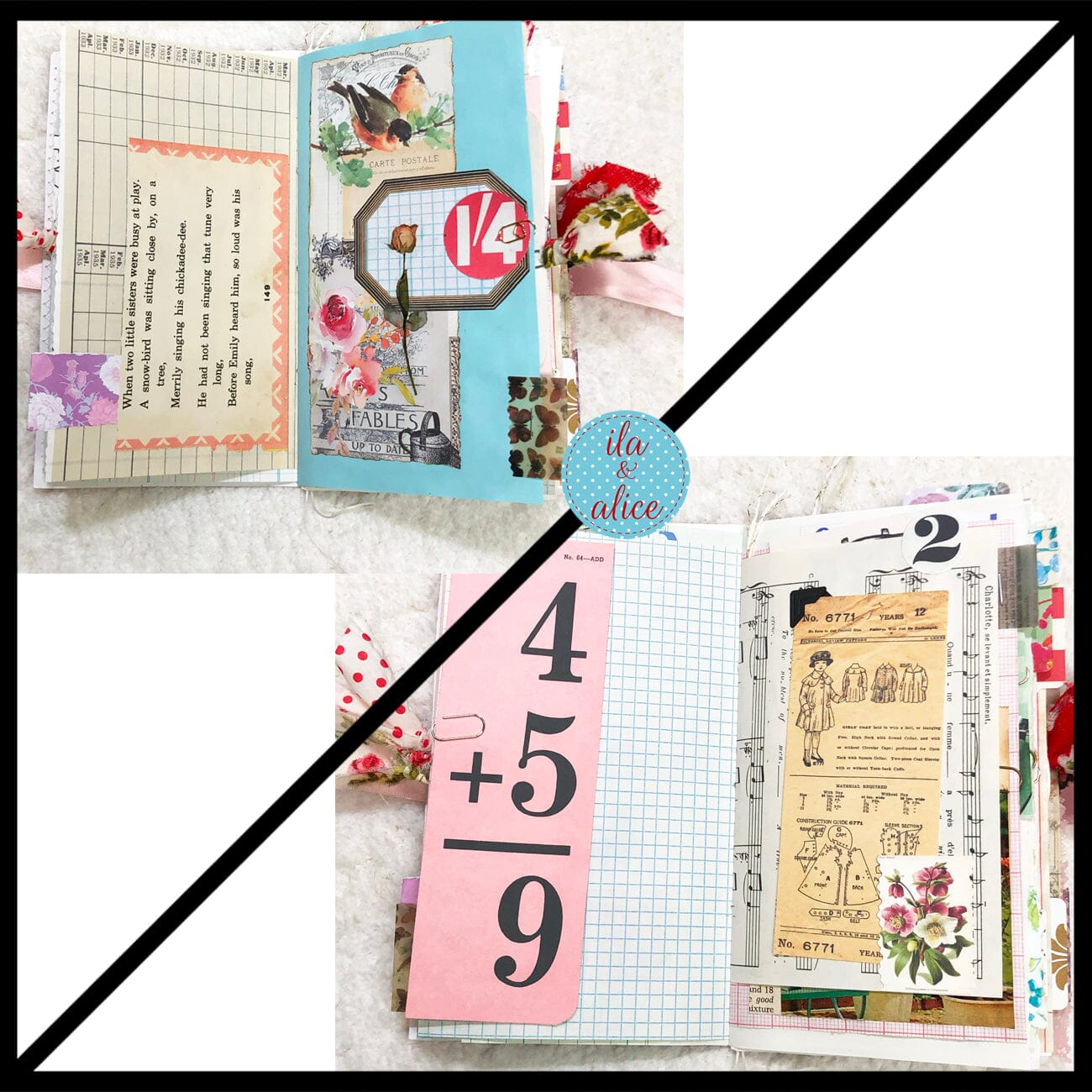 Whimsical Shabby Junk Journal- Pink and Blue with Polka Dots, Red Flowers and Lace Journal ila & alice
