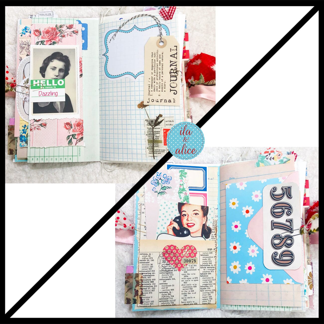 Whimsical Shabby Junk Journal- Pink and Blue with Polka Dots, Red Flowers and Lace Journal ila & alice