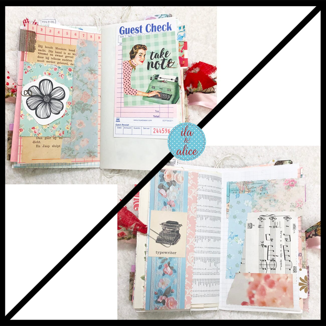 Whimsical Shabby Junk Journal- Pink and Blue with Polka Dots, Red Flowers and Lace Journal ila & alice