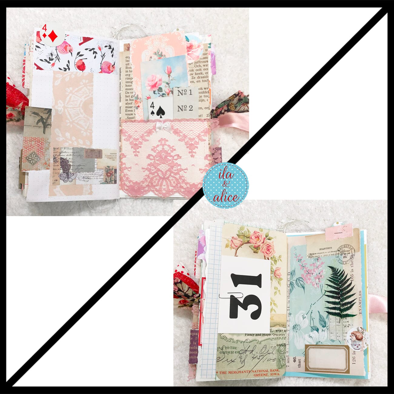 Whimsical Shabby Junk Journal- Pink and Blue with Polka Dots, Red Flowers and Lace Journal ila & alice